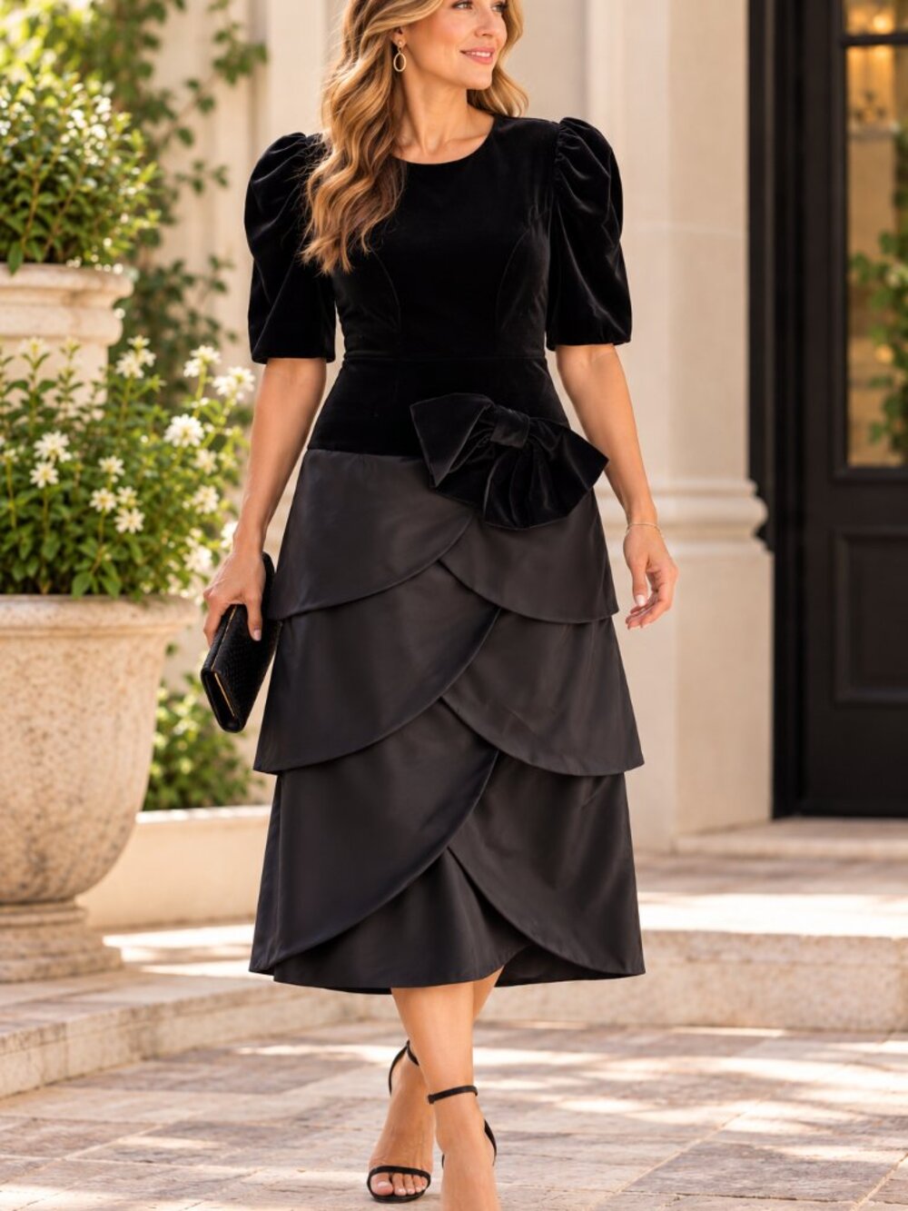 Alexander Campbell Vintage Black Velvet Satin Bow Tiered Dress Size 4